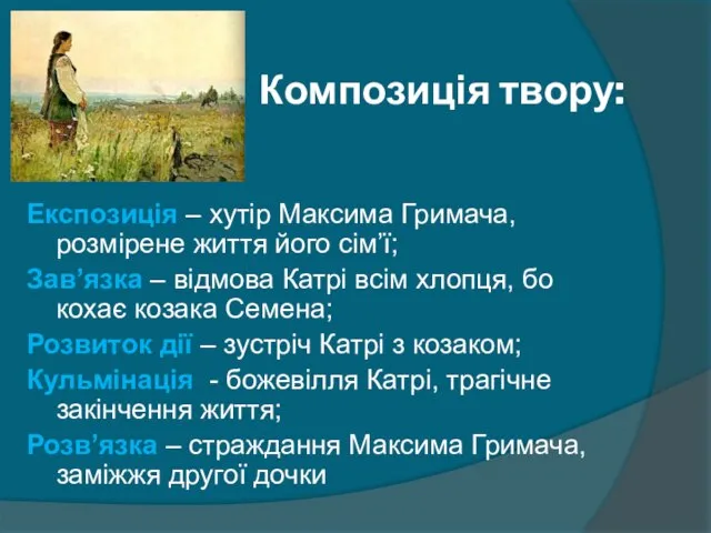 Композиція твору: Експозиція – хутір Максима Гримача, розмірене життя його сім’ї; Зав’язка