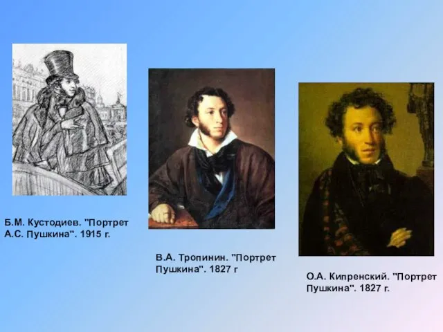 В.А. Тропинин. "Портрет Пушкина". 1827 г О.А. Кипренский. "Портрет Пушкина". 1827 г.