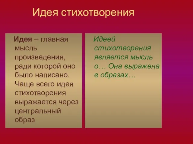 Идея стихотворения Идея – главная мысль произведения, ради которой оно было написано.