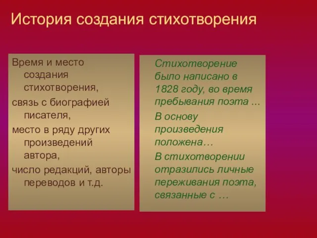 История создания стихотворения Время и место создания стихотворения, связь с биографией писателя,