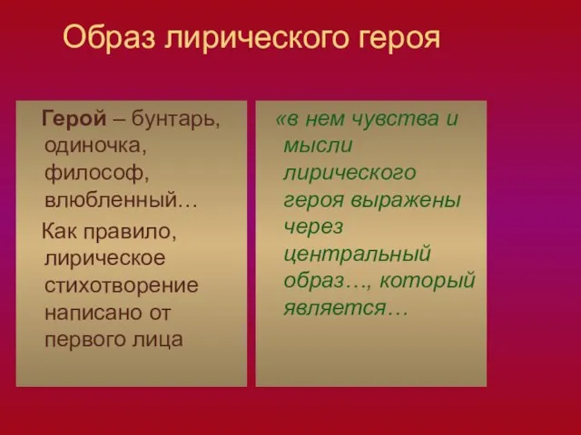 Образ лирического героя Герой – бунтарь, одиночка, философ, влюбленный… Как правило, лирическое