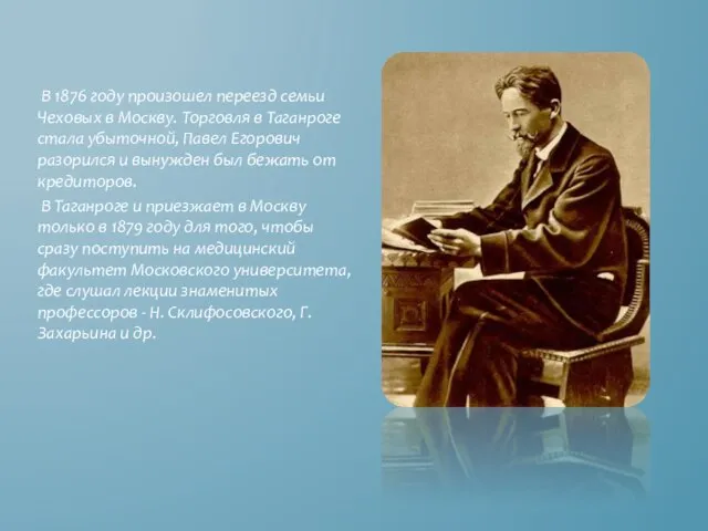В 1876 году произошел переезд семьи Чеховых в Москву. Торговля в Таганроге