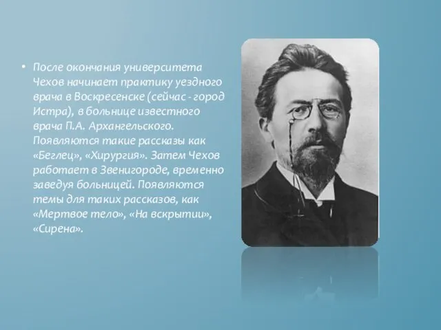 После окончания университета Чехов начинает практику уездного врача в Воскресенске (сейчас -