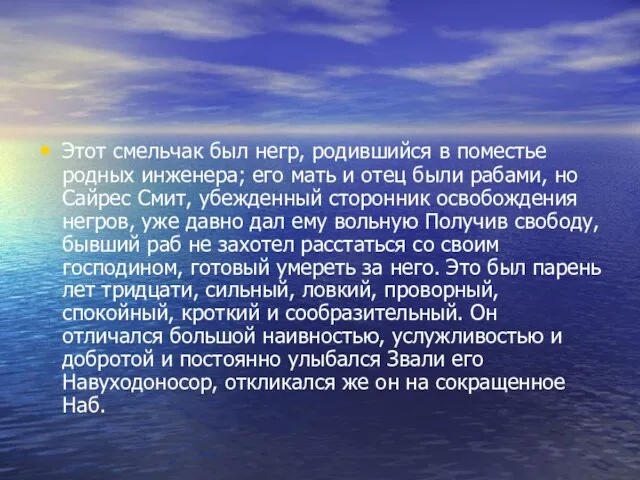 Этот смельчак был негр, родившийся в поместье родных инженера; его мать и