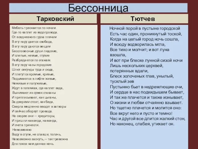 Бессонница Тарковский Мебель трескается по ночам. Где-то каплет из водопровода. От вседневного