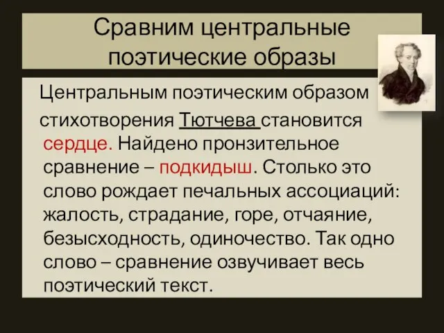 Сравним центральные поэтические образы Центральным поэтическим образом стихотворения Тютчева становится сердце. Найдено