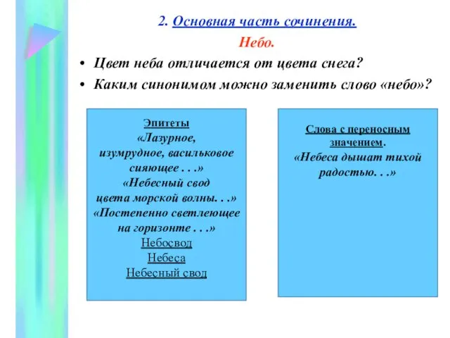 2. Основная часть сочинения. Небо. Цвет неба отличается от цвета снега? Каким