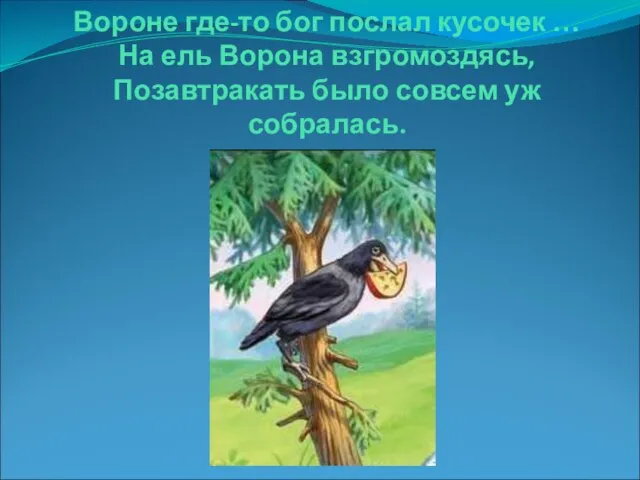 Вороне где-то бог послал кусочек … На ель Ворона взгромоздясь, Позавтракать было совсем уж собралась.