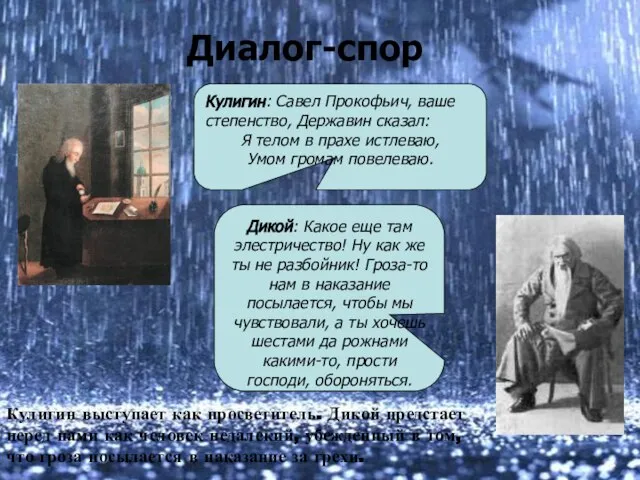 Диалог-спор Кулигин: Савел Прокофьич, ваше степенство, Державин сказал: Я телом в прахе