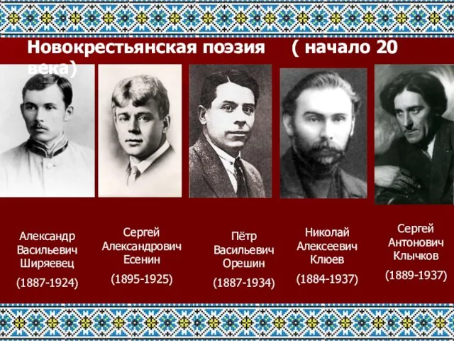 Пётр Васильевич Орешин (1887-1934) Александр Васильевич Ширяевец (1887-1924) Новокрестьянская поэзия ( начало