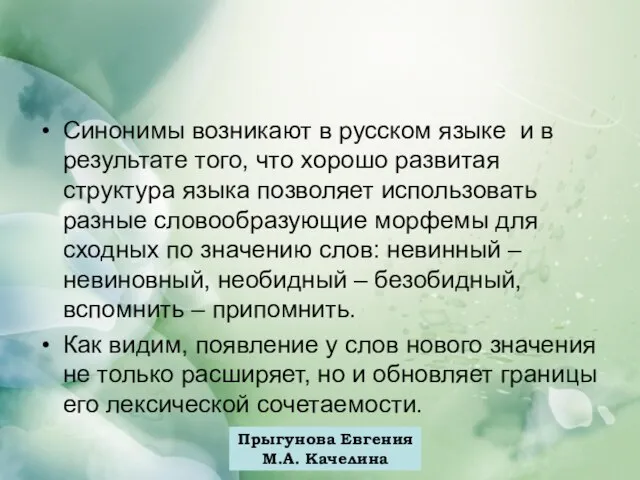 Прыгунова Евгения М.А. Качелина Синонимы возникают в русском языке и в результате