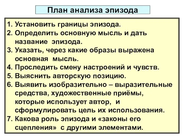 1. Установить границы эпизода. 2. Определить основную мысль и дать название эпизода.