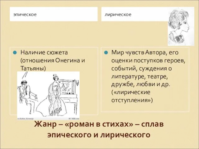 Жанр – «роман в стихах» – сплав эпического и лирического эпическое лирическое