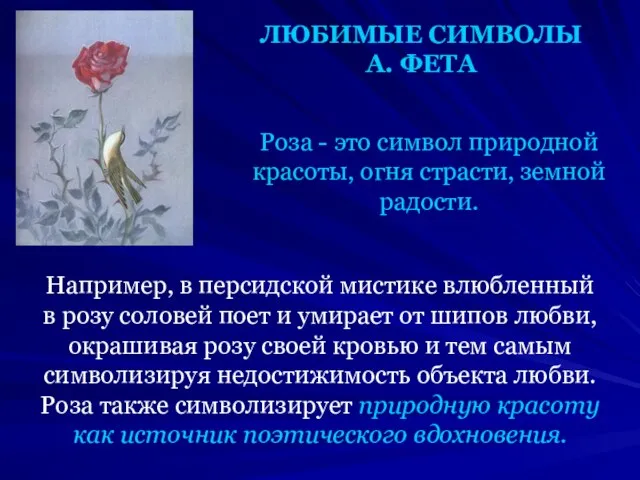 ЛЮБИМЫЕ СИМВОЛЫ А. ФЕТА Роза - это символ природной красоты, огня страсти,