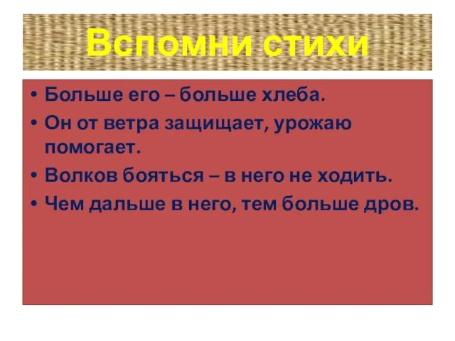 Вспомни стихи Больше его – больше хлеба. Он от ветра защищает, урожаю