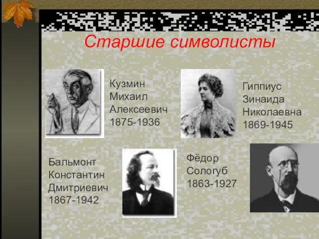 Старшие символисты Гиппиус Зинаида Николаевна 1869-1945 Бальмонт Константин Дмитриевич 1867-1942 Фёдор Сологуб