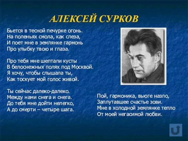 АЛЕКСЕЙ СУРКОВ Бьется в тесной печурке огонь. На поленьях смола, как слеза,