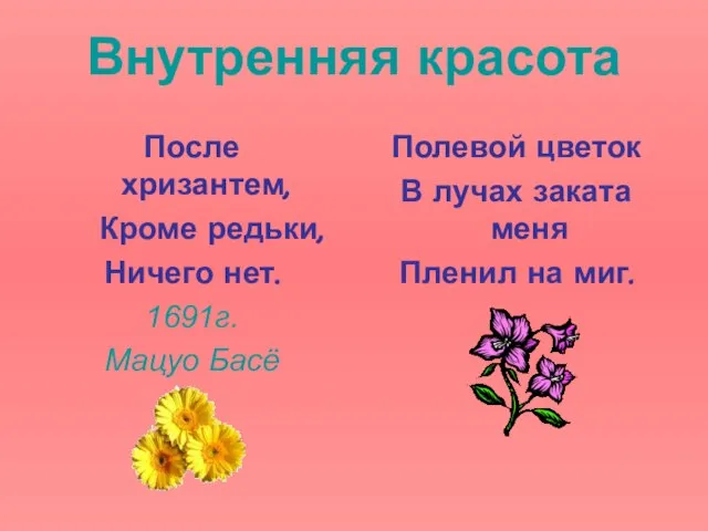 Внутренняя красота После хризантем, Кроме редьки, Ничего нет. 1691г. Мацуо Басё Полевой