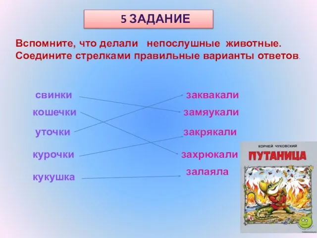 5 ЗАДАНИЕ Вспомните, что делали непослушные животные. Соедините стрелками правильные варианты ответов.