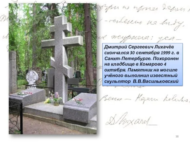 Дмитрий Сергеевич Лихачёв скончался 30 сентября 1999 г. в Санкт-Петербурге. Похоронен на