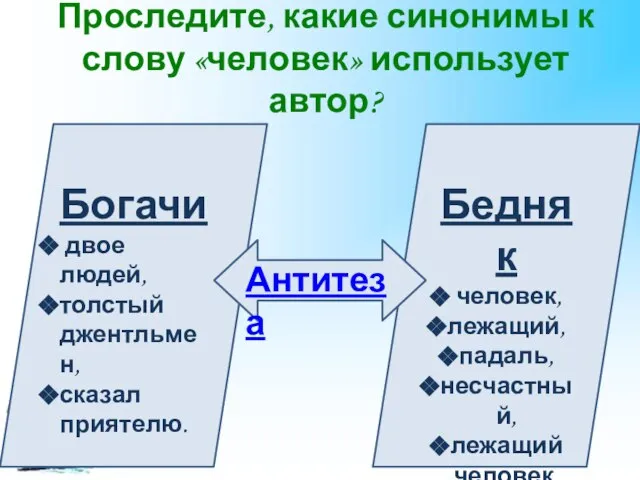 Проследите, какие синонимы к слову «человек» использует автор? Богачи двое людей, толстый