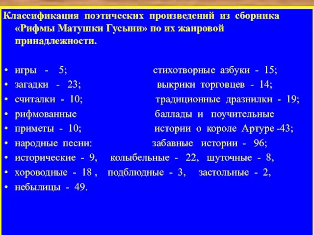 Классификация поэтических произведений из сборника «Рифмы Матушки Гусыни» по их жанровой принадлежности.