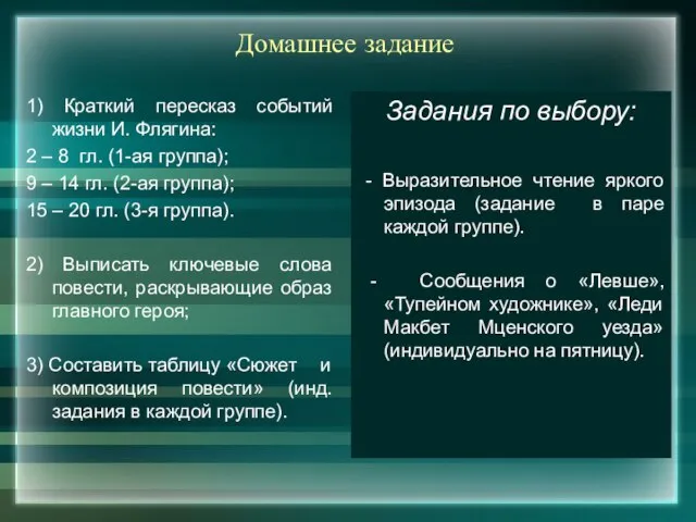 Домашнее задание 1) Краткий пересказ событий жизни И. Флягина: 2 – 8