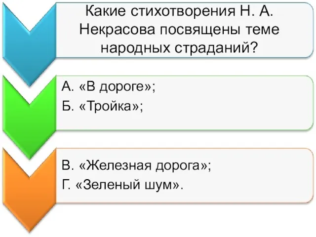 Какие стихотворения Н. А. Некрасова посвящены теме народных страданий? А. «В дороге»;