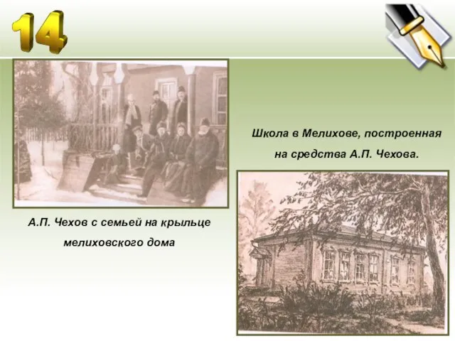 А.П. Чехов с семьей на крыльце мелиховского дома Школа в Мелихове, построенная на средства А.П. Чехова.