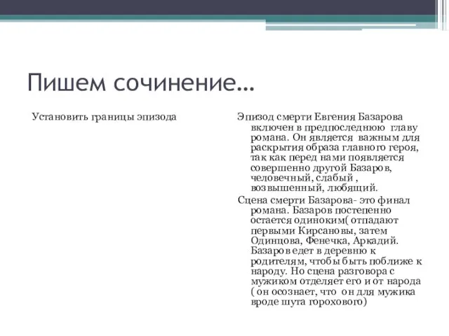 Пишем сочинение… Установить границы эпизода Эпизод смерти Евгения Базарова включен в предпоследнюю