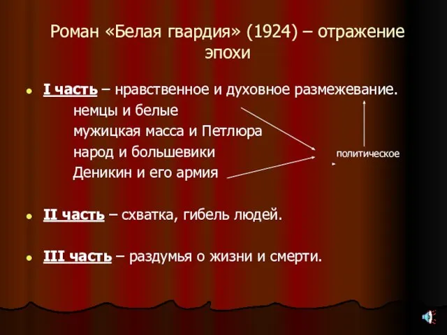 Роман «Белая гвардия» (1924) – отражение эпохи I часть – нравственное и