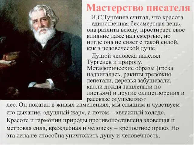 И.С.Тургенев считал, что красота – единственная бессмертная вещь, она разлита всюду, простирает