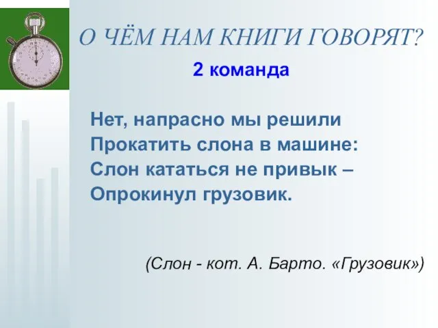 О ЧЁМ НАМ КНИГИ ГОВОРЯТ? 2 команда Нет, напрасно мы решили Прокатить