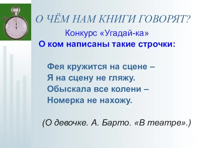 О ЧЁМ НАМ КНИГИ ГОВОРЯТ? Конкурс «Угадай-ка» О ком написаны такие строчки: