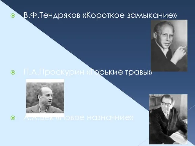 В.Ф.Тендряков «Короткое замыкание» П.Л.Проскурин «Горькие травы» А.А.Бек «Новое назначние»