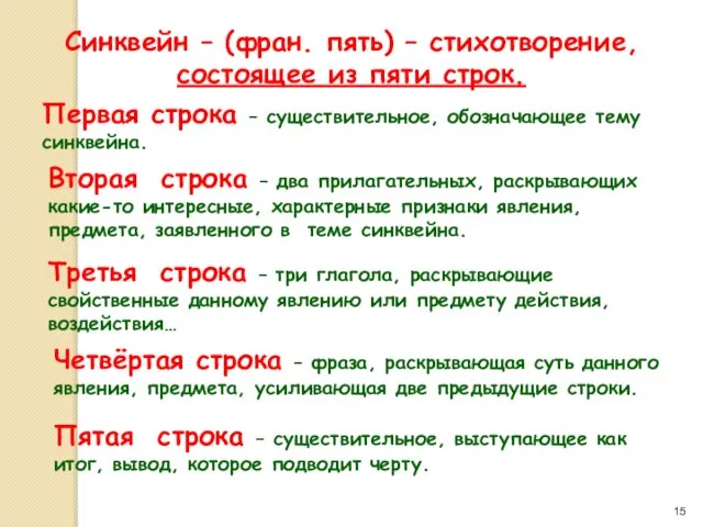 Синквейн – (фран. пять) – стихотворение, состоящее из пяти строк. Первая строка