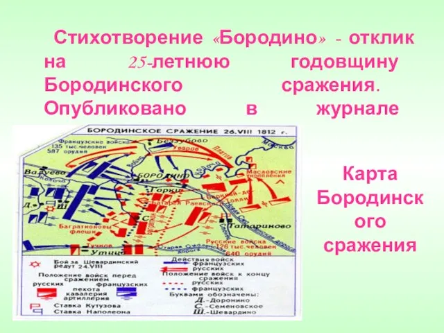 Стихотворение «Бородино» - отклик на 25-летнюю годовщину Бородинского сражения. Опубликовано в журнале