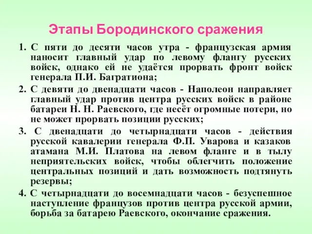 Этапы Бородинского сражения 1. С пяти до десяти часов утра - французская