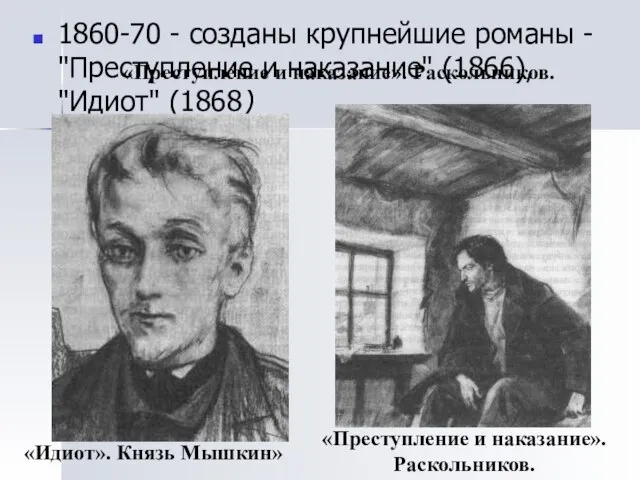 «Преступление и наказание». Раскольников. 1860-70 - созданы крупнейшие романы - "Преступление и