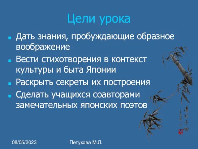 08/05/2023 Петухова М.Л. Цели урока Дать знания, пробуждающие образное воображение Вести стихотворения