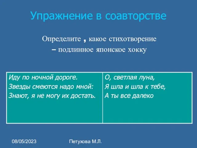 08/05/2023 Петухова М.Л. Упражнение в соавторстве Определите , какое стихотворение – подлинное японское хокку