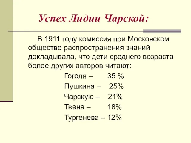 Успех Лидии Чарской: В 1911 году комиссия при Московском обществе распространения знаний