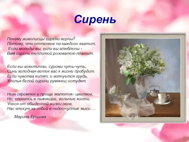 Сирень Почему живописцы сирени верны? Потому, что оттенков на каждого хватит. Если