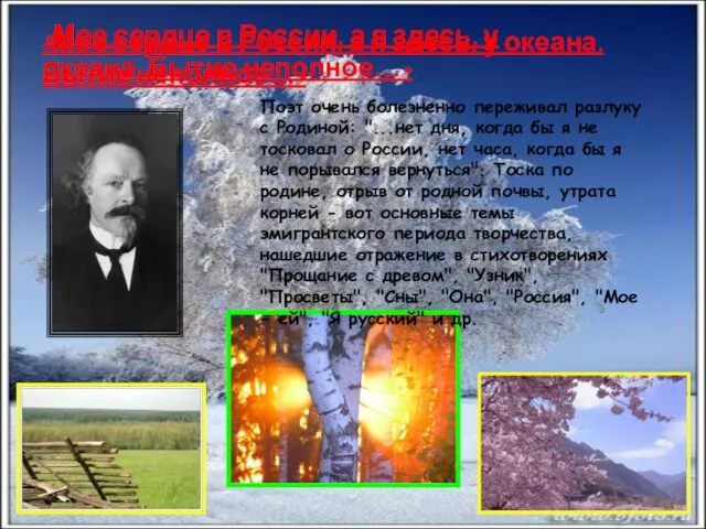 «Мое сердце в России, а я здесь, у океана. Бытие неполное…» «Мое