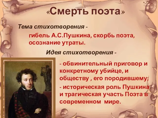 «Смерть поэта» Тема стихотворения - гибель А.С.Пушкина, скорбь поэта, осознание утраты. Идея