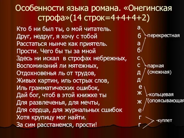 Особенности языка романа. «Онегинская строфа»(14 строк=4+4+4+2) Кто б ни был ты, о