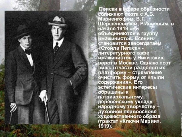 Поиски в сфере образности сближают поэта с А.Б.Мариенгофом, В.Г.Шершеневичем, Р.Ивневым, в начале