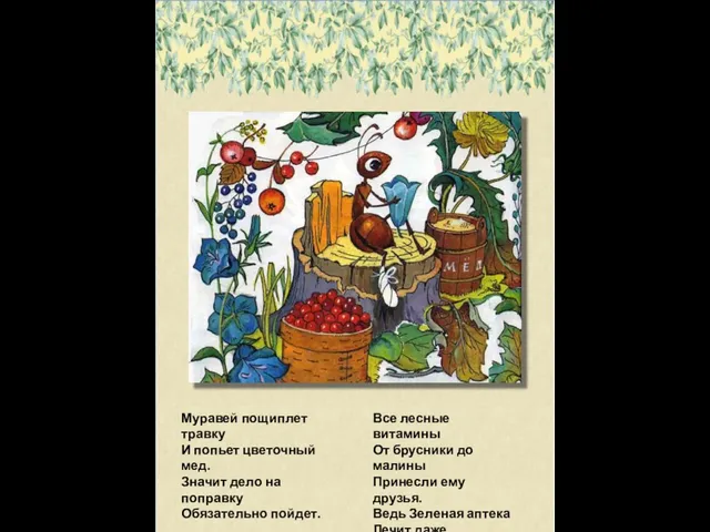 Муравей пощиплет травку И попьет цветочный мед. Значит дело на поправку Обязательно