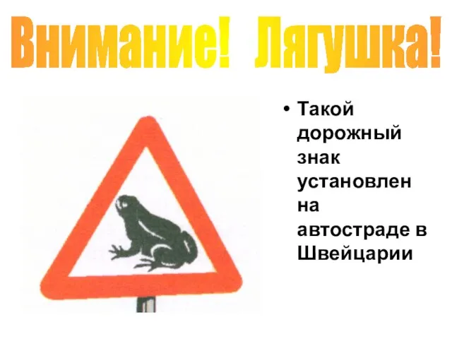 Такой дорожный знак установлен на автостраде в Швейцарии Внимание! Лягушка!