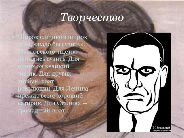 Творчество Широк слишком широк поэт, «надо бы сузить». Маяковского тщетно пытались сузить.